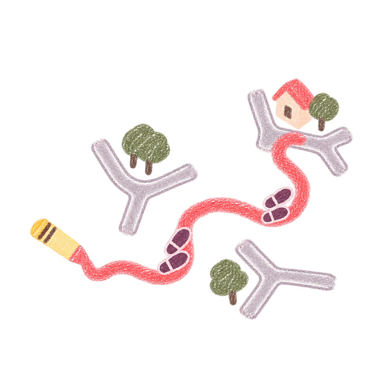 Little footsteps following a pink crayon line through imaginary streets.