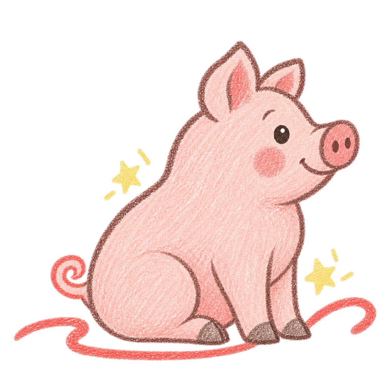 Poppy the pig sitting beside a little pink line and warm crayon stars.