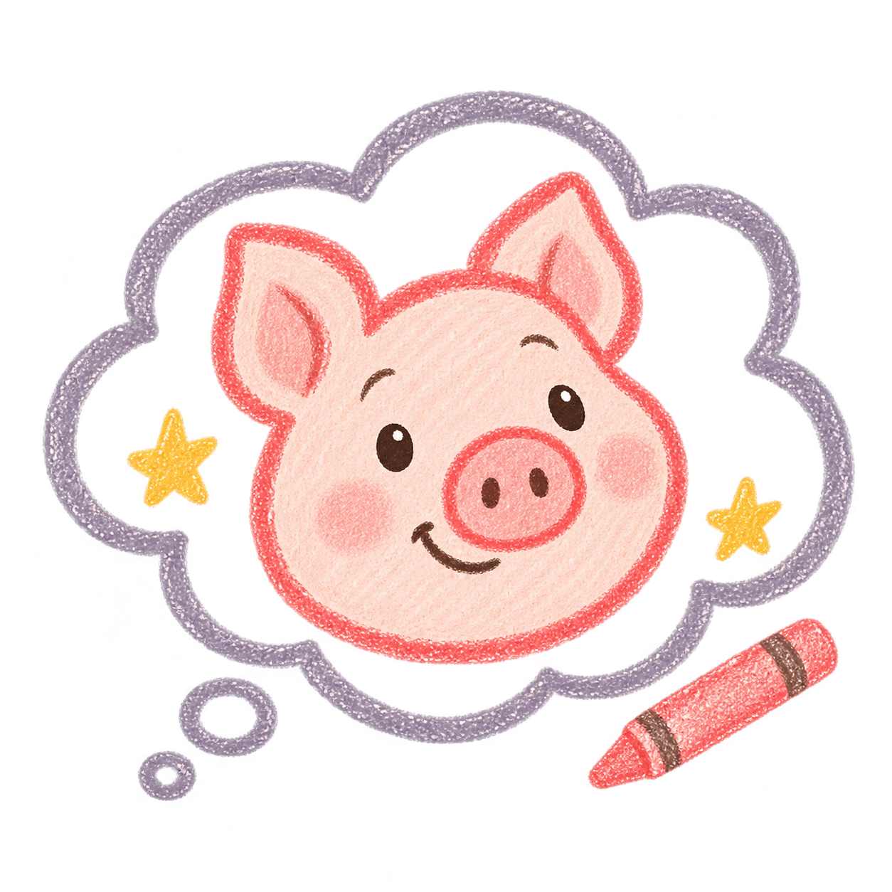 A friendly pig imagined in a crayon thought bubble.