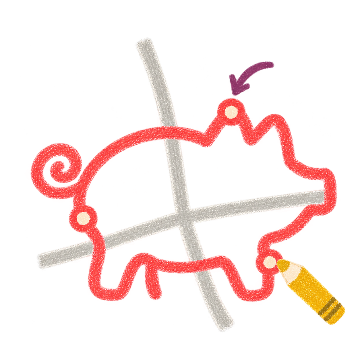 A yellow crayon touches an editable point on a pig-shaped route.