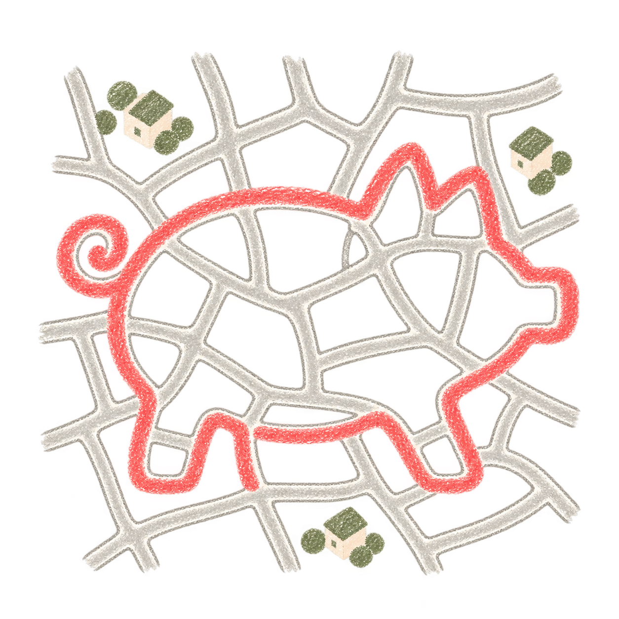 A connected pink pig-shaped line among lots of little streets.