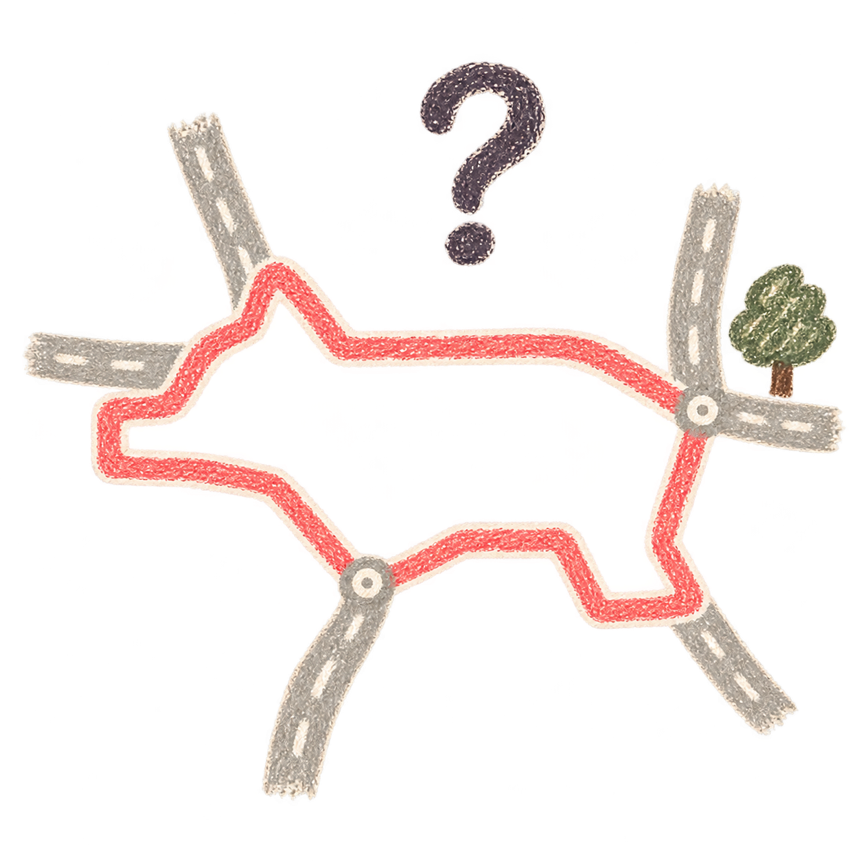 A puzzling pink route on a map with only a few streets.