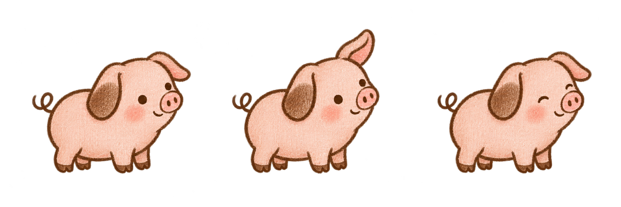Our pink crayon friend, with a floppy brown ear and a curious smile